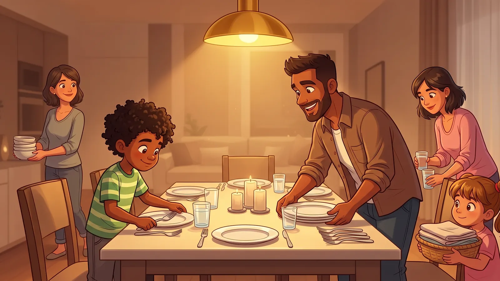 Illustration of a boy proudly setting forks on the dinner table with his father before the meal