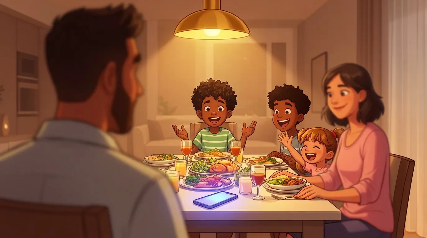 Illustration of children laughing and talking at the family dinner table, a phone lying on the table