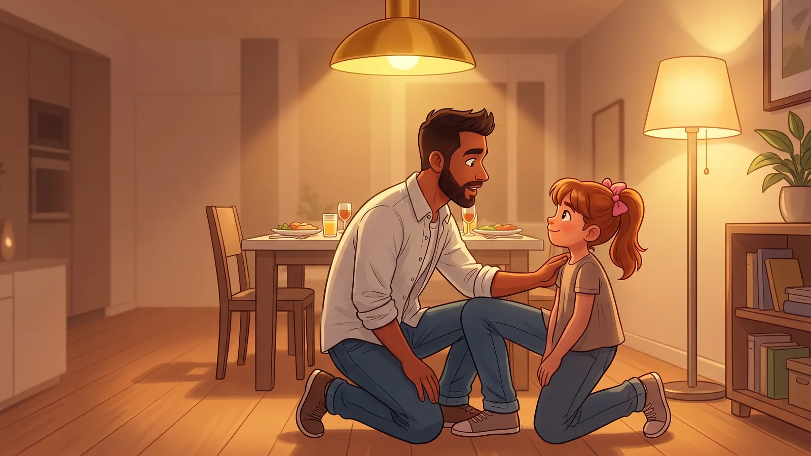 Illustration of a father kneeling at eye level with his young daughter, speaking calmly while she listens