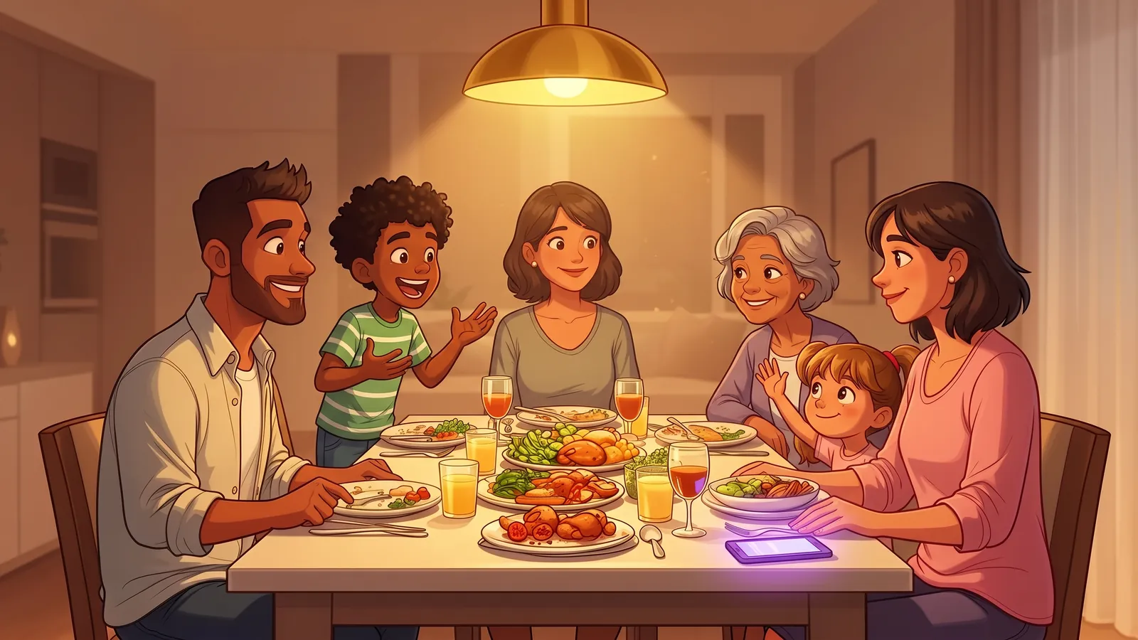 Illustration of a family at the dinner table listening to a boy tell a story while the others wait their turn