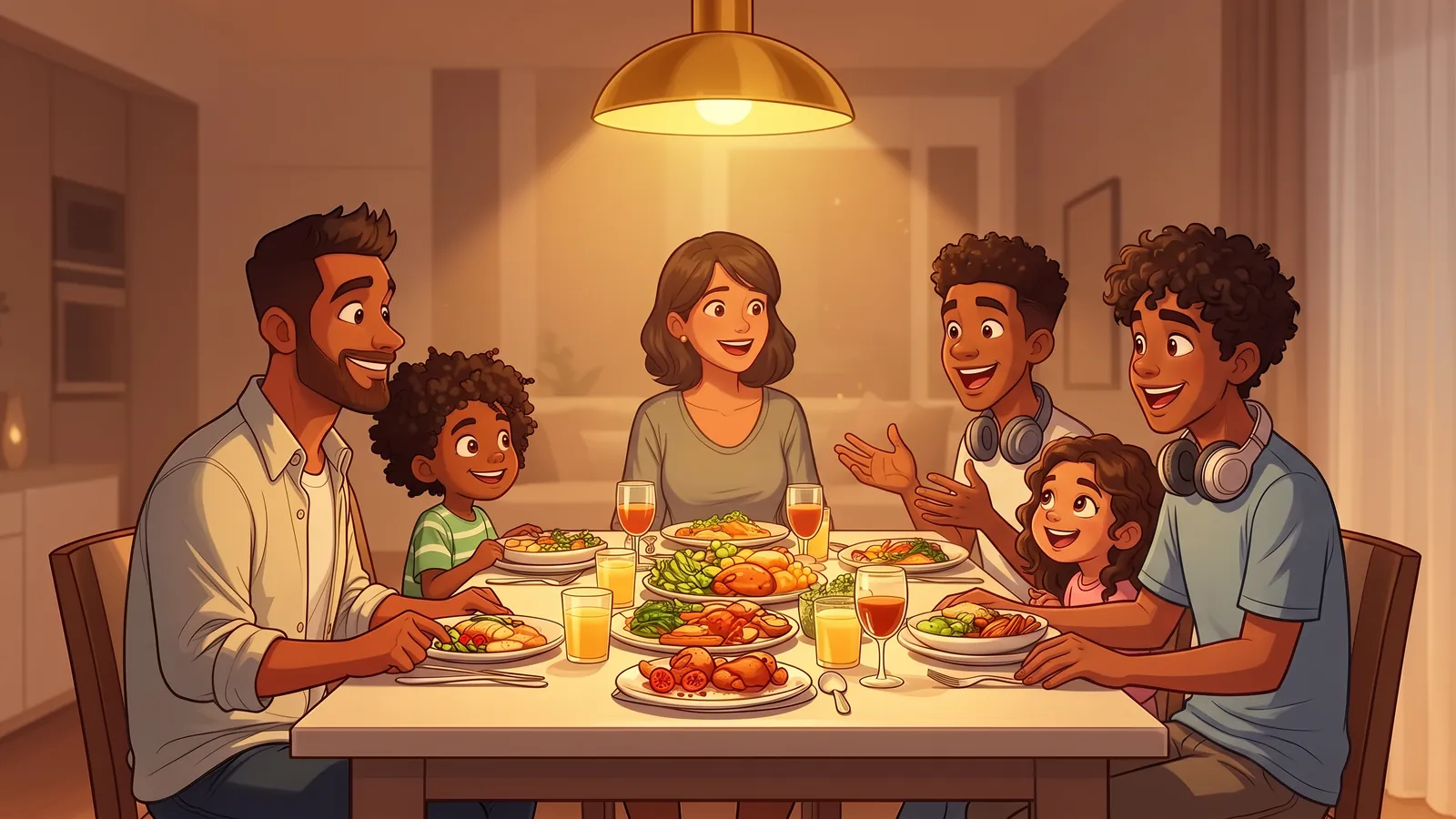 Illustration of a teenager enthusiastically explaining something at dinner while his parents listen