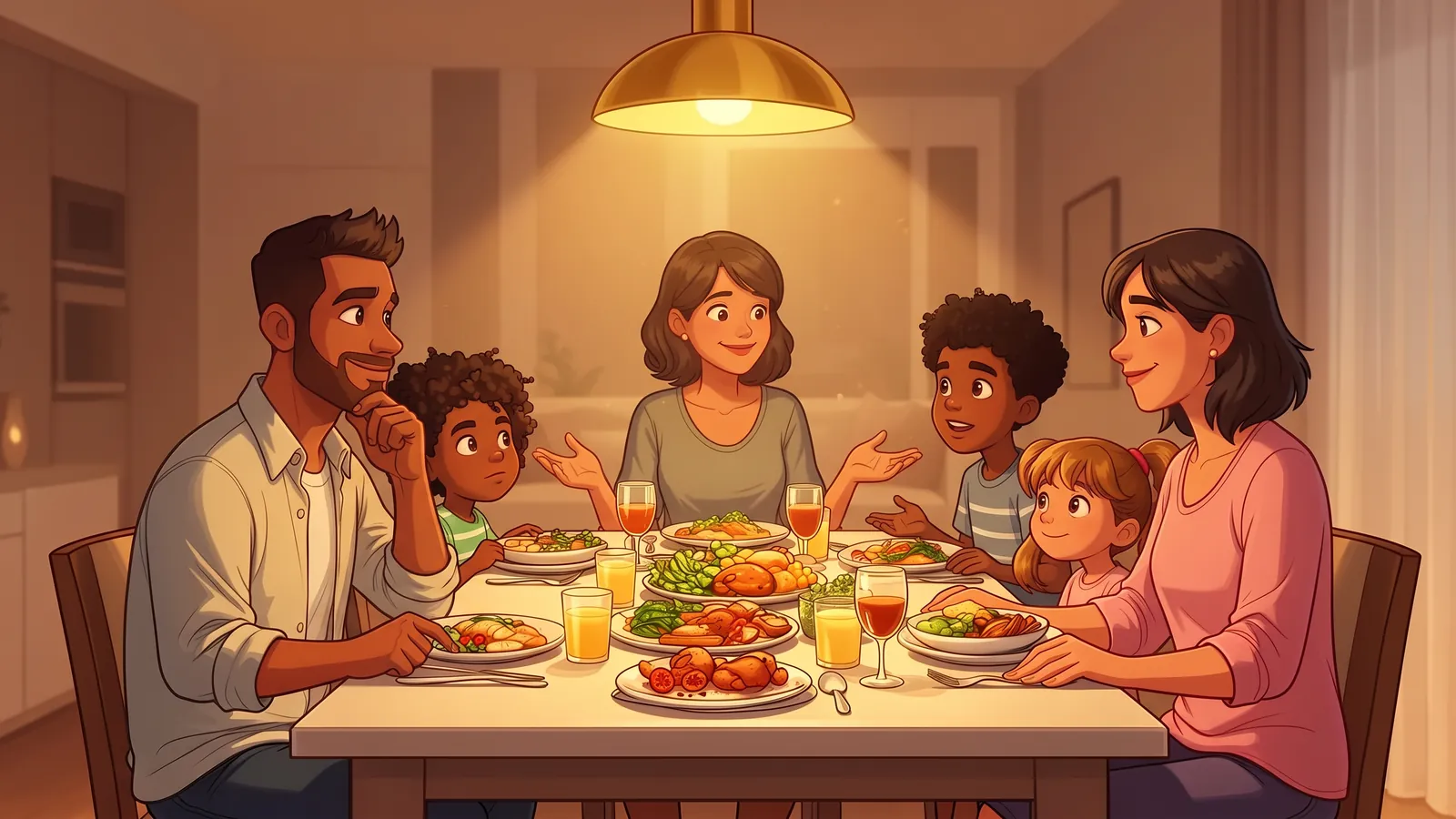 Illustration of a boy calmly making his point at dinner while his father listens with interest