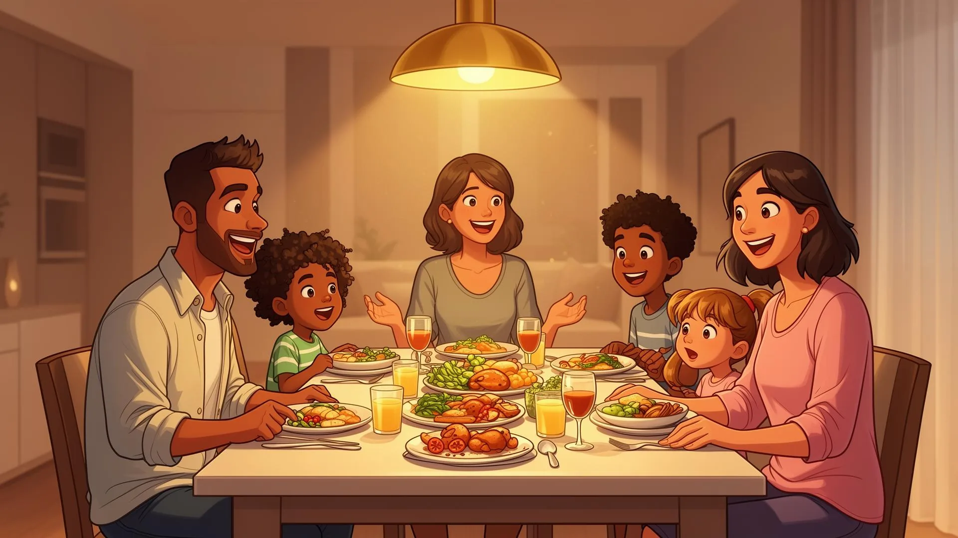 Illustration of a family laughing together around the dinner table under a warm lamp