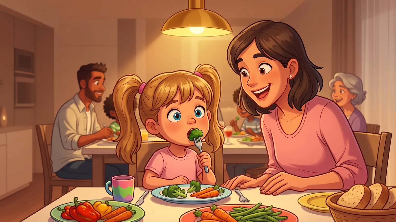 Illustration of a little girl curiously tasting broccoli at dinner while her mother smiles encouragingly