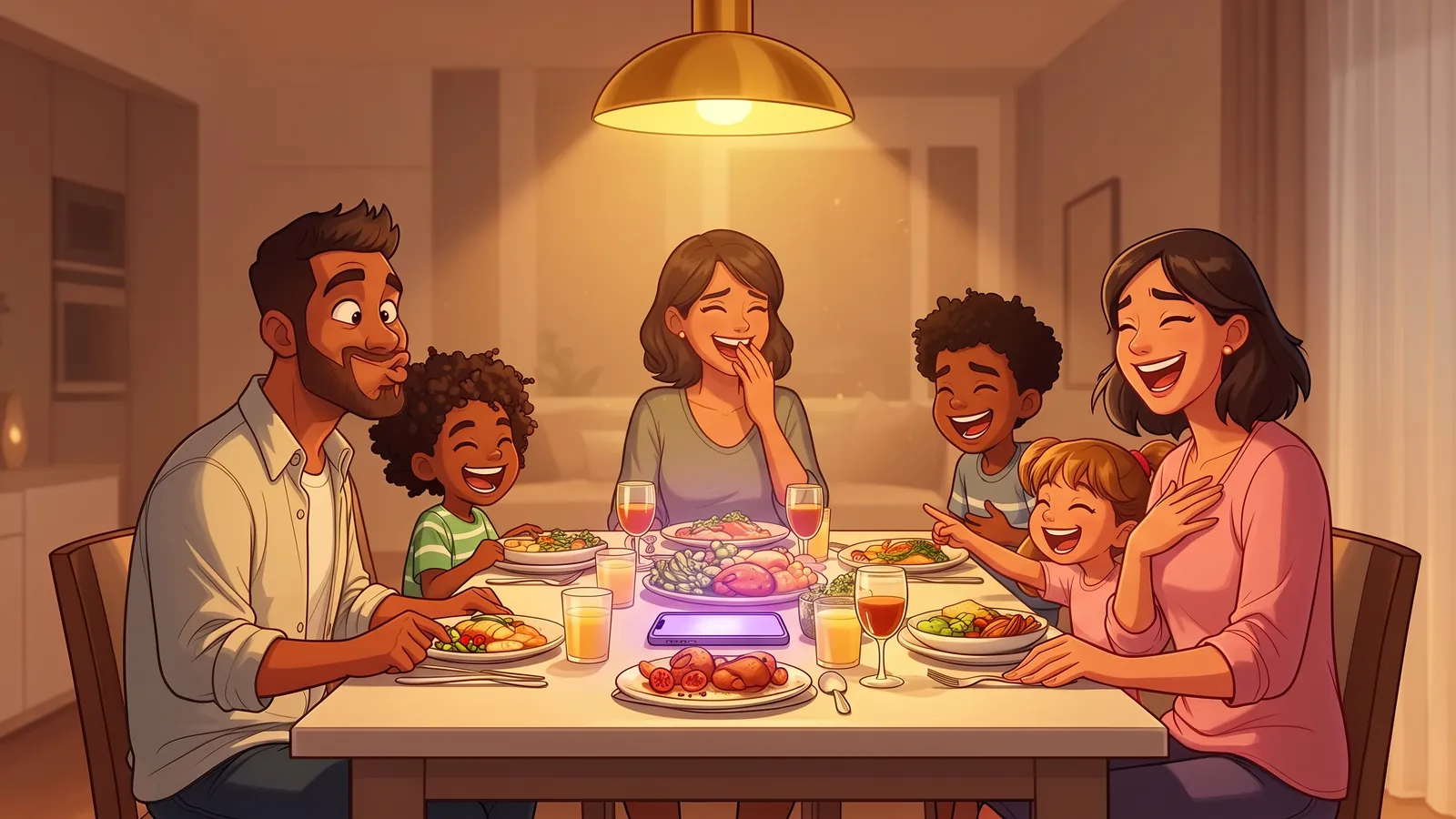 Illustration of a family laughing together around the dinner table as the father makes a funny face