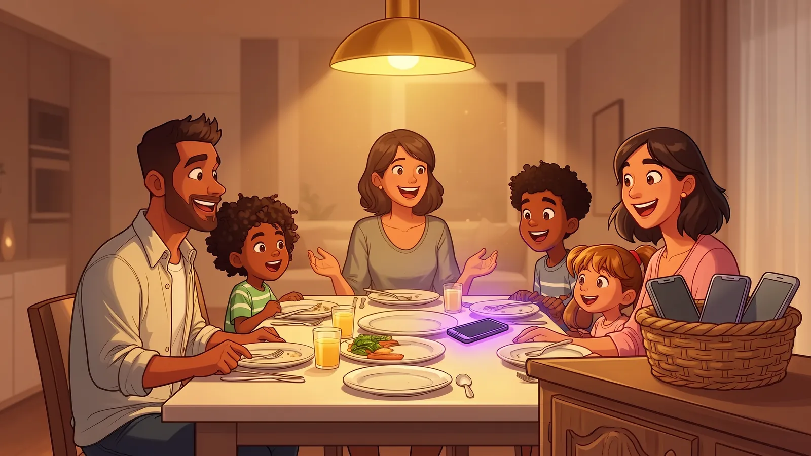 Illustration of phones put away in a basket while the family talks and laughs together at the dinner table