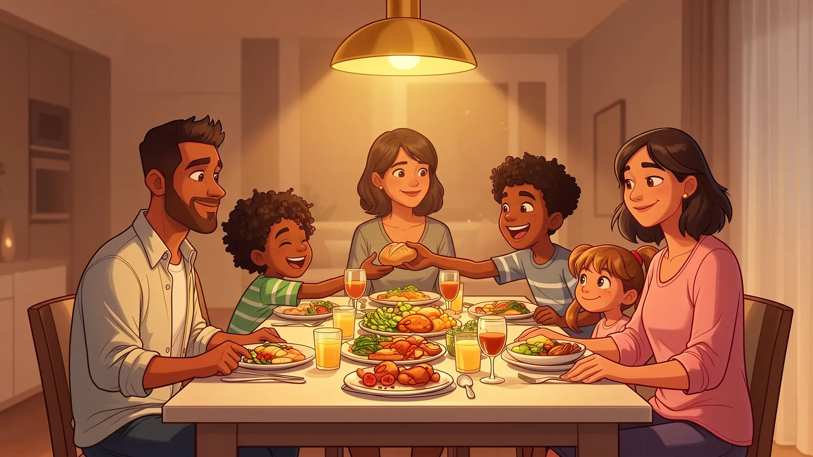 Illustration of two brothers laughing and sharing the last piece of bread at the family dinner table