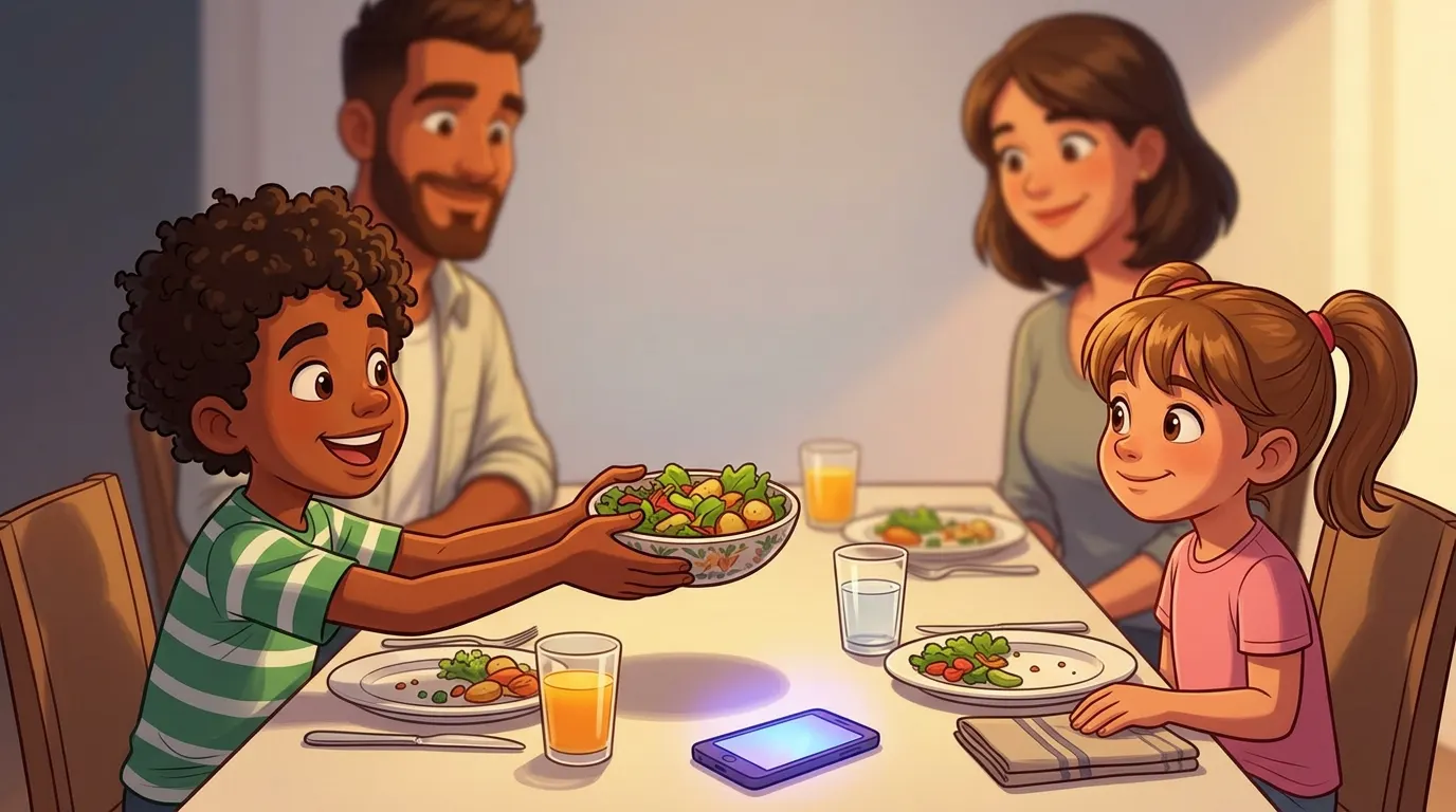 Illustration of a boy passing a salad bowl to his sister at the family table while their parents smile