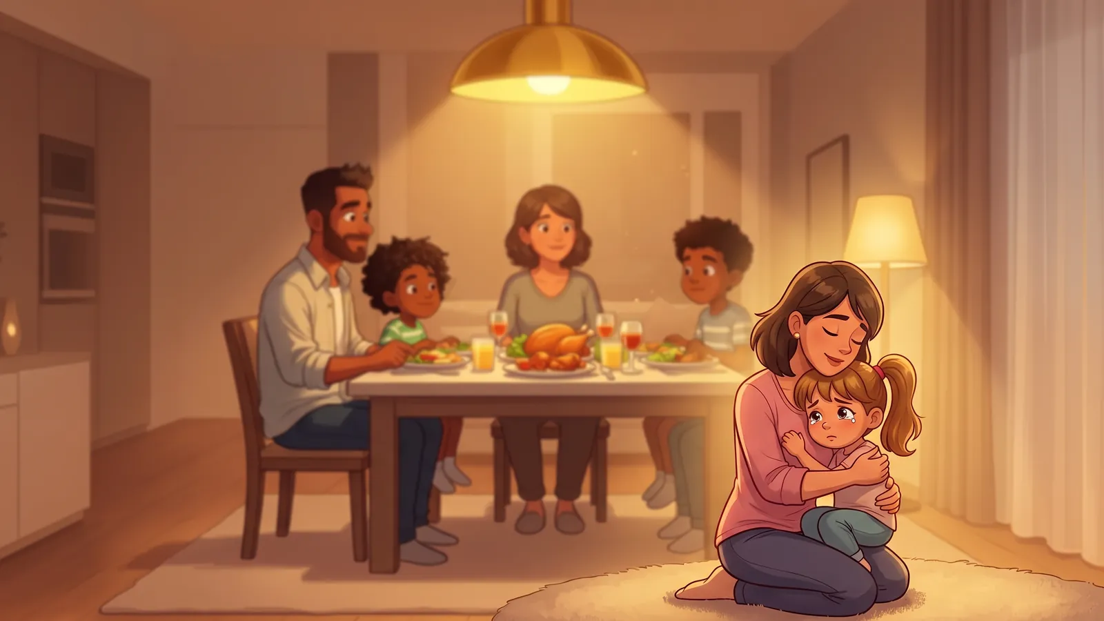 Illustration of a mother kneeling to hug her tearful daughter away from the dinner table, calming her down
